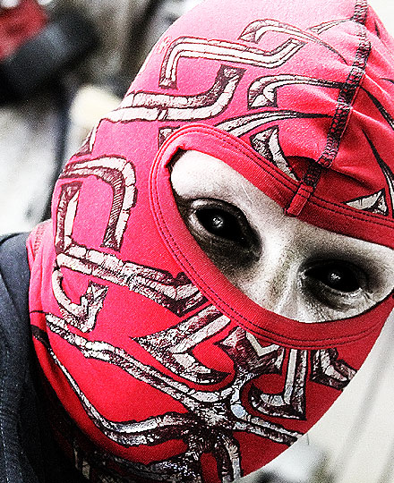 Red Balaclava "Sinners pattern" with the effect of metal